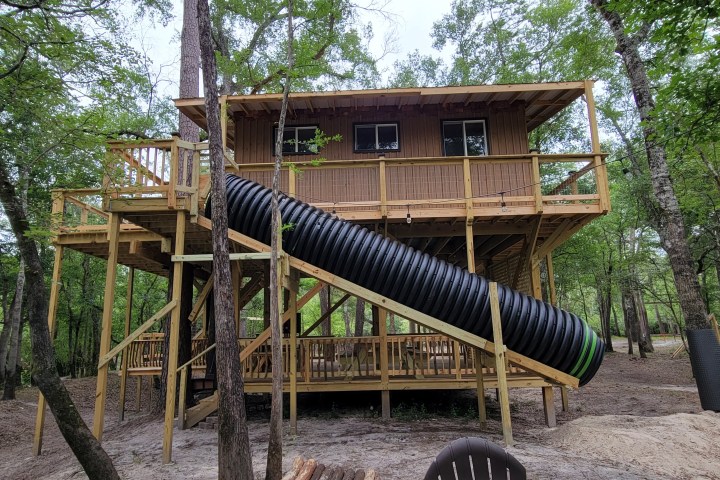 Wooden treehouse with a slide in a forested area.