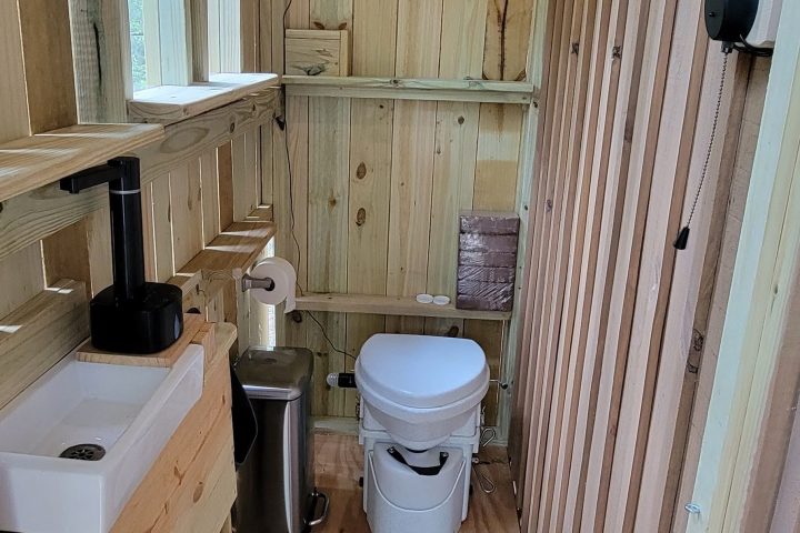 Wooden room with a sink, toilet, and minimalist decor.