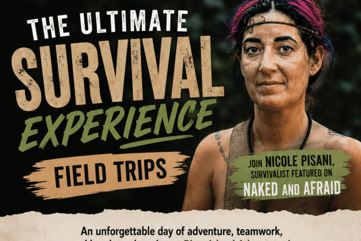 Poster for survival field trips featuring a person and promotional text.