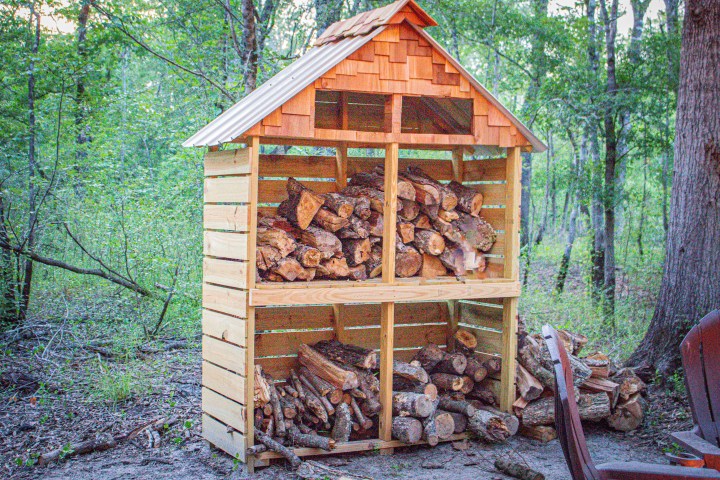 Wooden shed storing chopped firewood in a forest setting.