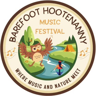 Festival logo with owl, river, tent, and person paddling; text reads 'Barefoot Hootenanny Music Festival'.