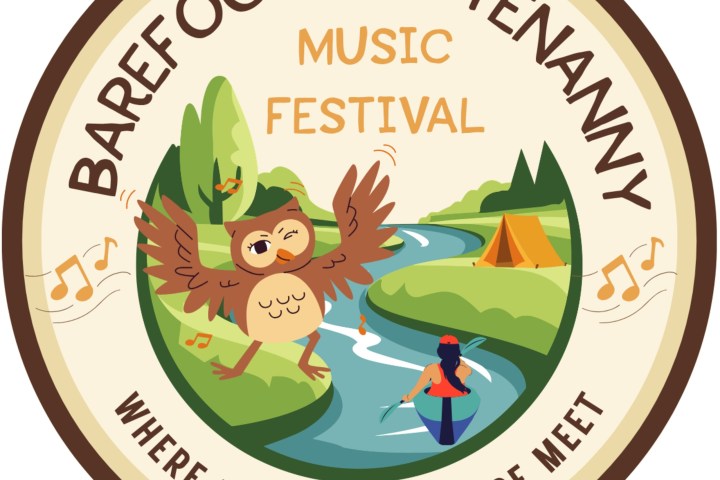 Round logo for Barefoot Hootenanny Music Festival with an owl, river, and tent in nature.