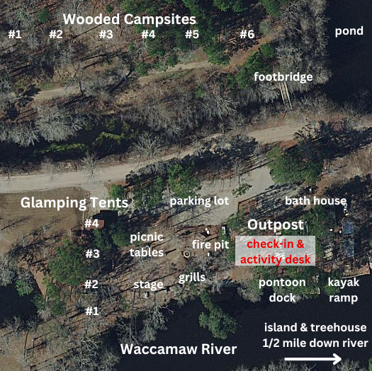 Aerial view of campground layout with tents, river, and labeled features.