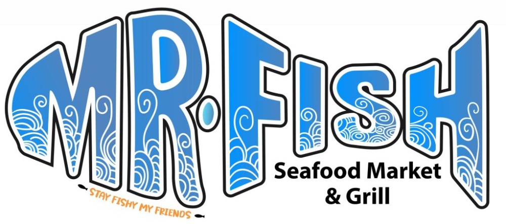 MR. Fish Seafood Market & Grill logo with wave patterns inside letters.