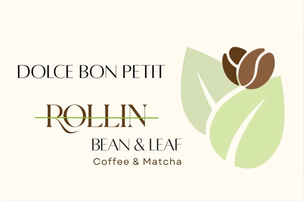 Logo with text and stylized coffee bean and leaves design.