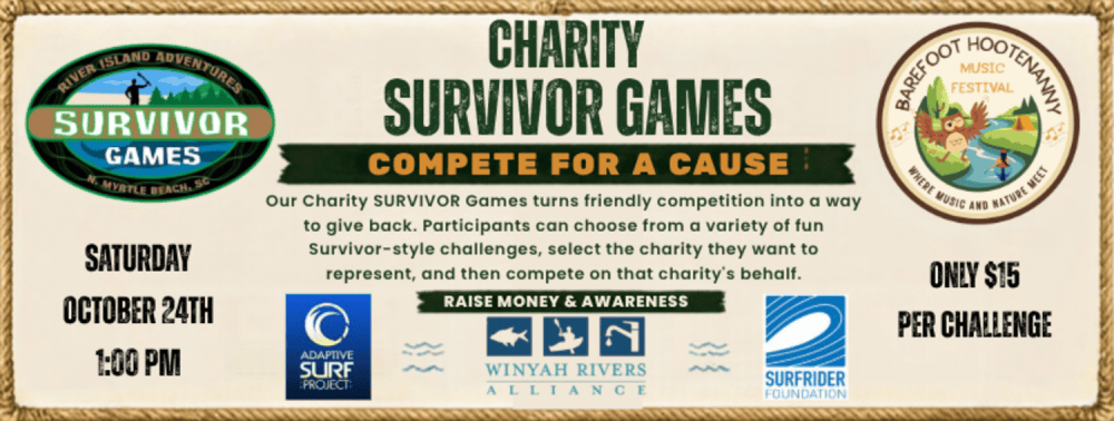 Charity event poster for Survivor Games on October 24th, 1 PM, featuring challenges for $15 each.
