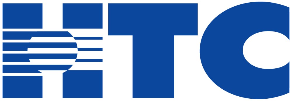 Blue geometric HTC logo with horizontal lines in the H.
