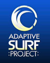 Logo with wave design, text: Adaptive Surf Project on blue background.