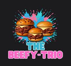 Three burgers on a colorful splash background with text 'The Beefy-Trio' below.