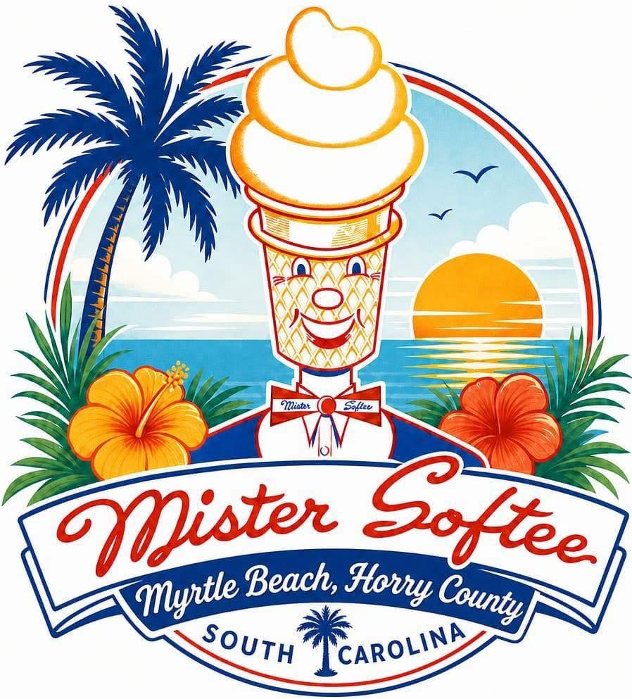 Mister Softee mascot with ice cream head, palm tree, sunset, and hibiscus flowers.
