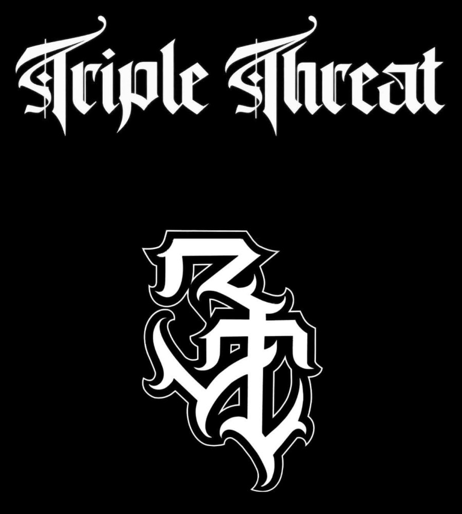 Stylized 'Triple Threat' text above intricate emblem on black background.